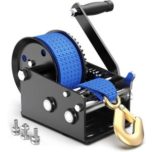 3500LBS Boat Trailer Winch Hand Crank, 33FT Polyester Strap, Dual-Speed 4:1/8:1 Gear & 2-Way Ratchet, Corrosion-Resistant for Marine ATV Jet Ski RV Utility