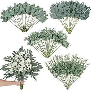 120 Pcs 4 Kinds Mixed Artificial Eucalyptus Leaves Stems Bulk Fake Silver Dollar Eucalyptus Bundle Faux Plants Greenery for DIY Bouquets Floral Arrangement Wedding Engagement Party Decor (Green)