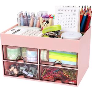 Desk Organizer, Office Organizer with Drawer, Desk Accessories & Workspace Organizers, Pen Holder Office Supplies for Desk (4 Drawers+4 Compartments, Pink)