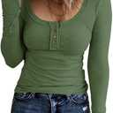Womens Henley Tops Long Sleeve Women's Long Sleeve Henley T Shirts Button Down Slim Fall Fit Tops Scoop Neck Ribbed Knit Blouse Green, Size S
