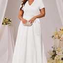 Runwind Women’s Plus Size Maxi Dress Short Sleeve Casual Summer Long Dress Solid V-Neck Dresses (White, XL)