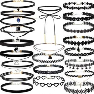 YOKER 22 Pcs Necklaces Black Velvet Choker Set for Womens Velvet Choker Set Classic Gothic Tattoo Lace Chokers Adjustable for Party Cosplay Christmas Birthday
