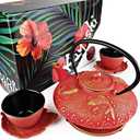 7PC Japanese Tea Set."Red Koi" Cast Iron Tea Pot with 2 Tea Cups, 2 Saucers, Tea Infuser and Teapot Trivet. Ceremonial Matcha Accessories