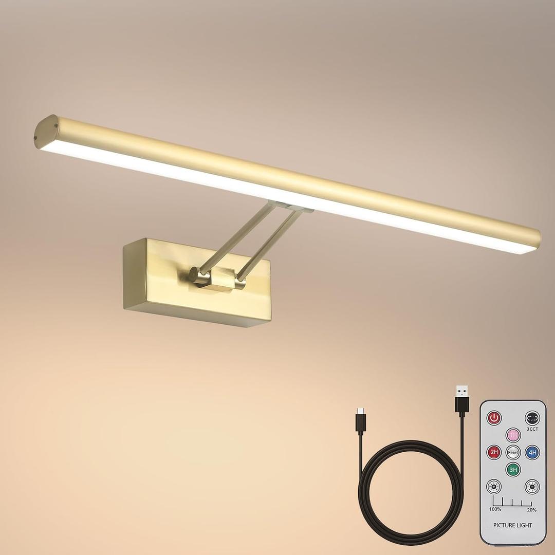 Picture Light,13.5" Art Light, Picture Light Battery Operated,3CCT Picture Lights for Wall,Wireless Picture Lights with Remote for Wall Display, Photo,Library Brass-Plated (Brass Gold-Plating)