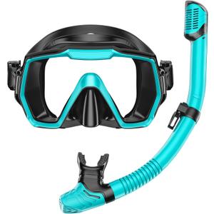 Snorkel Set Adults Snorkeling Gear Anti-Leak and Anti-Fog Tempered Glass Lens Panoramic View Swim Mask Dry Top Snorkel Kit for Snorkeling Scuba Diving Swimming Travel with Carry Bag (Water Green+Black)