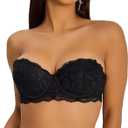 zossav Push Up Strapless Bras for Women Convertible Underwire Anti-Slip Lace Padded Bra Add 2 Cup 32D Pure Black