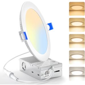 YAYIT 1 Pack 6 Inch 5CCT Ultra-Thin LED Recessed Ceiling Light with Junction Box, 2700K/3000K/3500K/4000K/5000K Selectable, 1100LM Dimmable Canless Wafer Downlight, 12W Eqv 110W-ETL&FCC