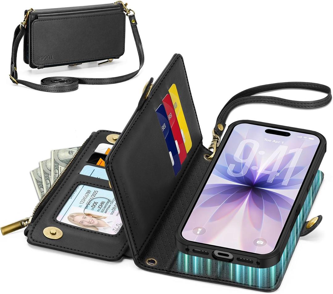 TUCCH Crossbody Detachable Wallet Case for iPhone 17 (6.3") 2025, 9 Card Slots RFID Blocking | Wireless Charging | Wrist Strap | Lanyard | Stand | Zipper Pocket | PU Leather Shockproof Cover | Black