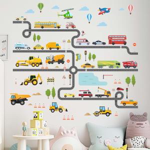 Large Construction Vehicles Car Wall Stickers - Trucks Excavator Tractor Wall Decals - Kids Boys Bedroom Playroom Daycare Wall Decor