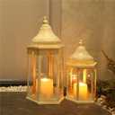 NEEDOMO Lanterns Decorative Outdoor & Indoor, Set of 2 Outdoor Lanterns for Porch,Large Candle Lantern, Beige Metal Frame with Glass for Fall, Christmas