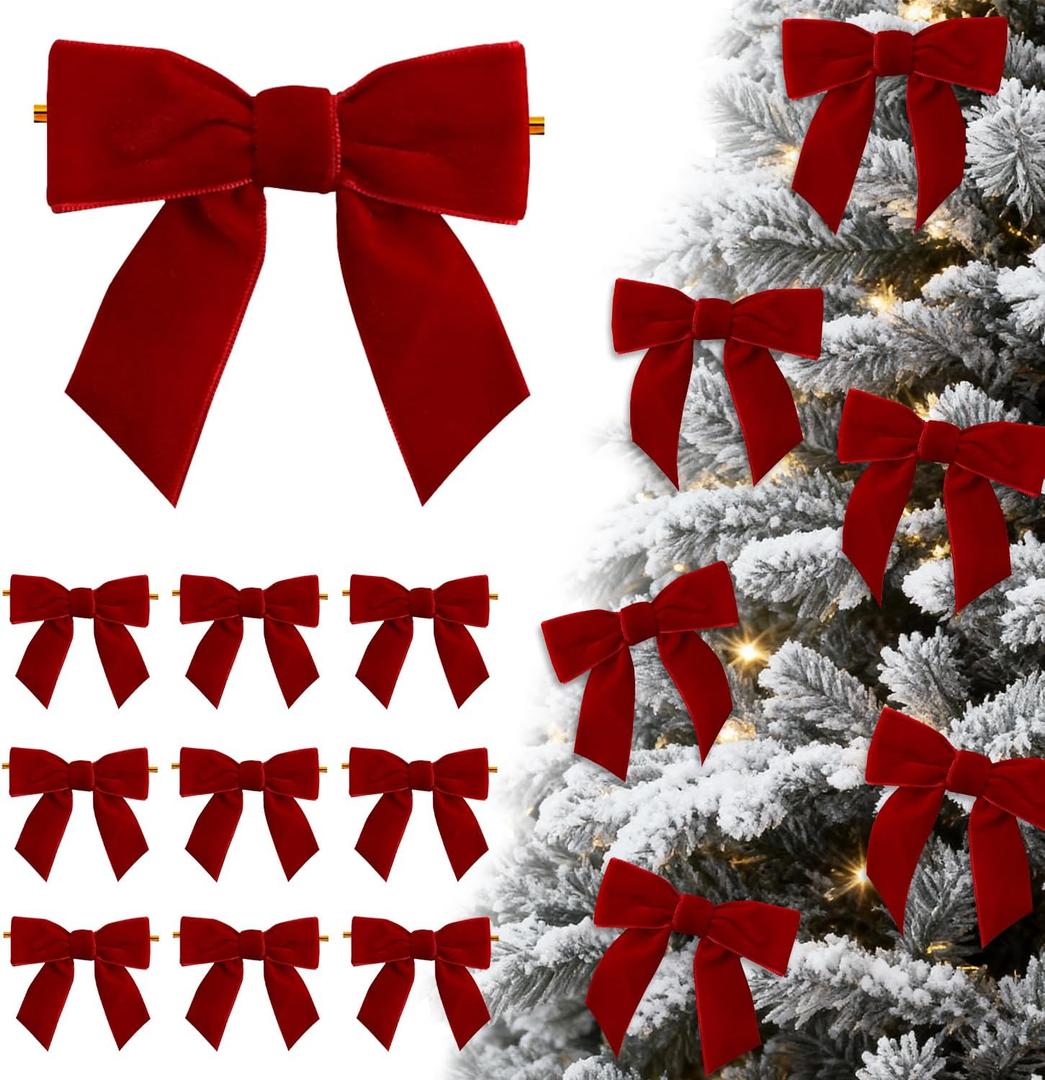 24 Pcs Red Small Velvet Bows Ornaments for Christmas Tree, Vintage Cute Velvet Bows Home Decor for Tree Mantle Wreath Gift Wrapping Crafts, 0.98 W/3.14 * 3.14 inch (Square)