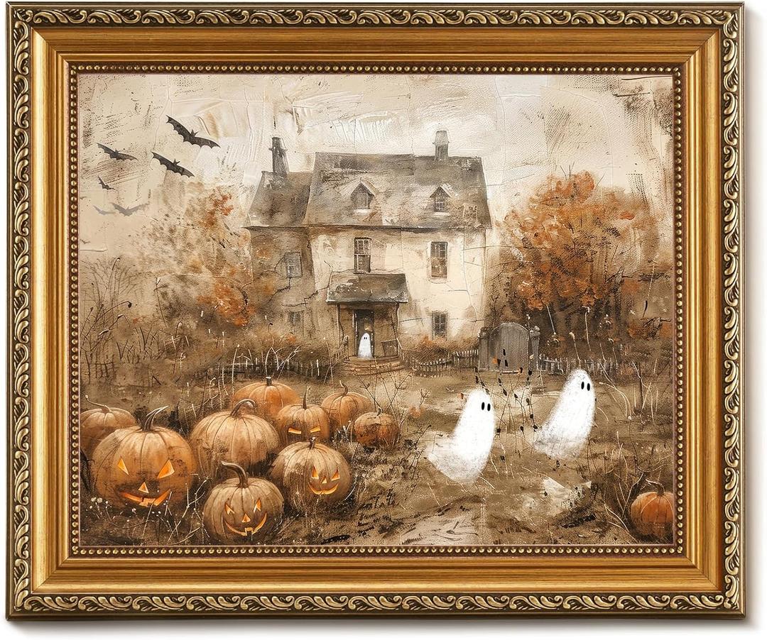 Vodefoad Retro Detachable Gold Framed Wall Art for Home Decor Halloween Pumpkins with Cute Ghost Farmhouse Gold Framed Wall Decor Prints Halloween Gothic Dark Academia Painting Picture for Kitchen, Gallery, Bathroom Wall decor - 8x10Inch