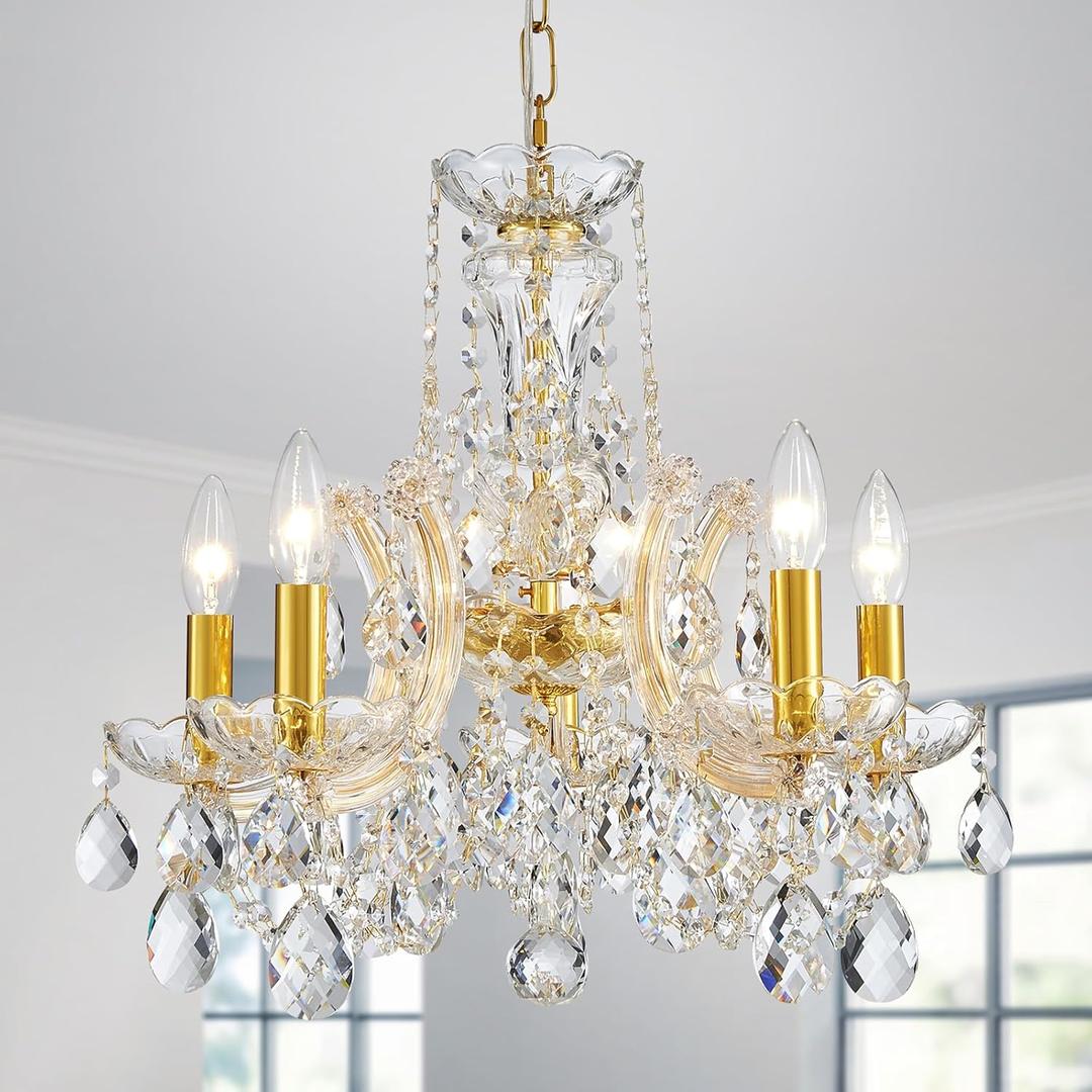 ElegLumi 5-Lights Gold Crystal Chandeliers, Modern Design, Crystal Chandeliers for Dining Room, D22.8'' H33.5'', Adjustable Height (27.6"~70.9"), K9 Crystal & Gold Finish Frame ElegLumi 5-Lights Gold Crystal Chandeliers, Modern Design, Crystal Chandeliers for Dining Room, D22.8'' H33.5'', Adjustable Height (27.6"~70.9"), K9 Crystal & Gold Finish Frame