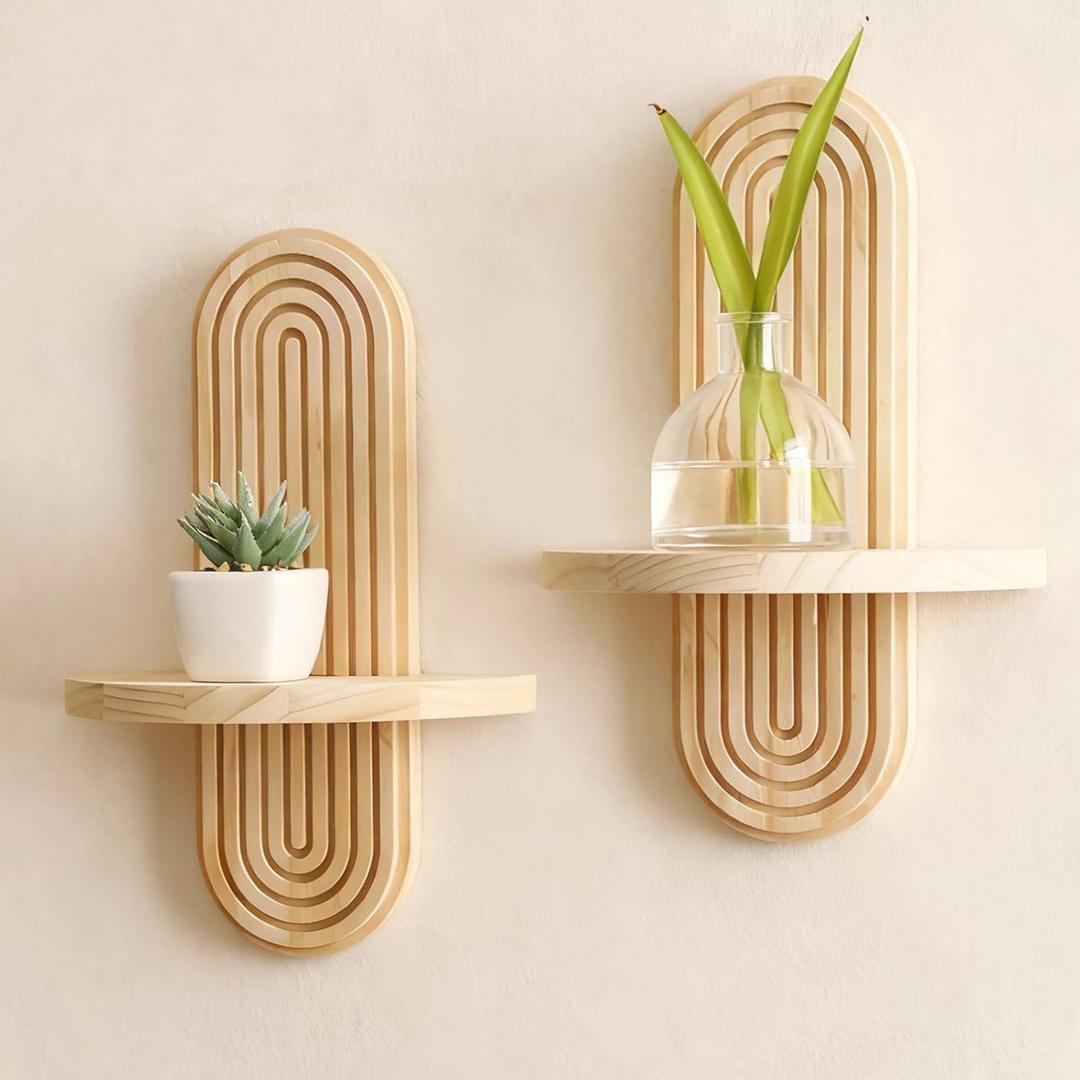2 Pack Boho Shelf Wall Decor - Handmade Solid Wood Floating Shelves Rainbow Arch Trinket Storage Rack Wall Decor for Bedroom Living Room Nursery Bathroom (1 Beige)