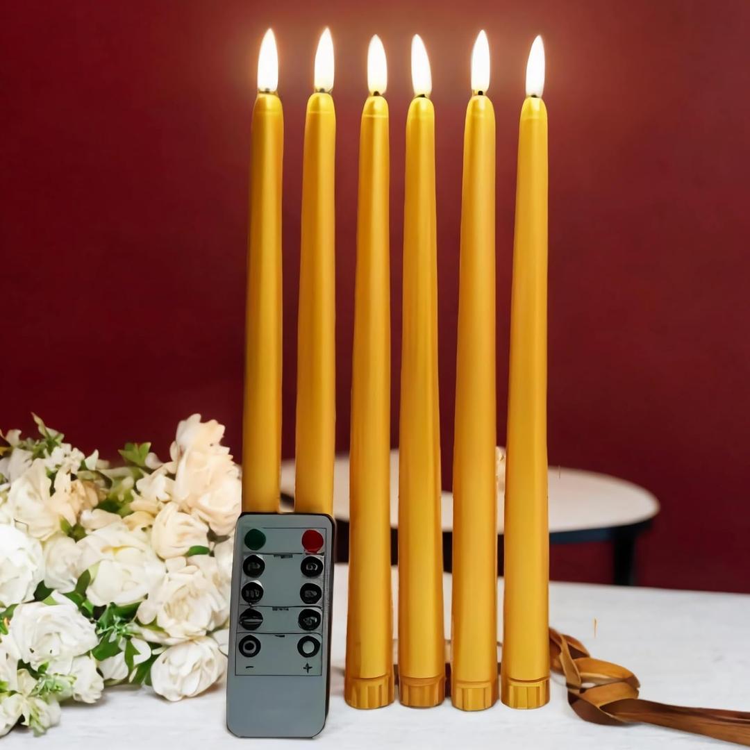 Gold Flameless Taper Candles with Remote, Flickering Christmas LED Candlesticks Battery Operated Set of 6