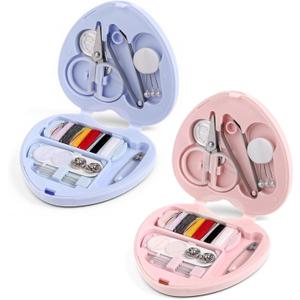 2 Pcs Heart Shaped Portable Travel Sewing Kit Mini Sewing Kit Small DIY Sewings Repair Box with Threads, Scissors, Needles, Button, Tweezers Pink & Blue