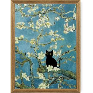 Fantasy Artists Van Gogh's Almond Blossom Funny Black Cat Canvas Wall Art, Oil Painting Posters Home Decor, Vintage Abstract Aesthetic Wall Decorations for Living Room Bedroom, 12'' x 16''