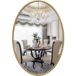 Gold Oval Bathroom Mirror, 24x36 Inch Floral Oval Mirrors for Wall, Antique Gold Metal Floral Frame Mirrors for Bedroom Living Room Hallway, Hangs Horizontally or Vertically