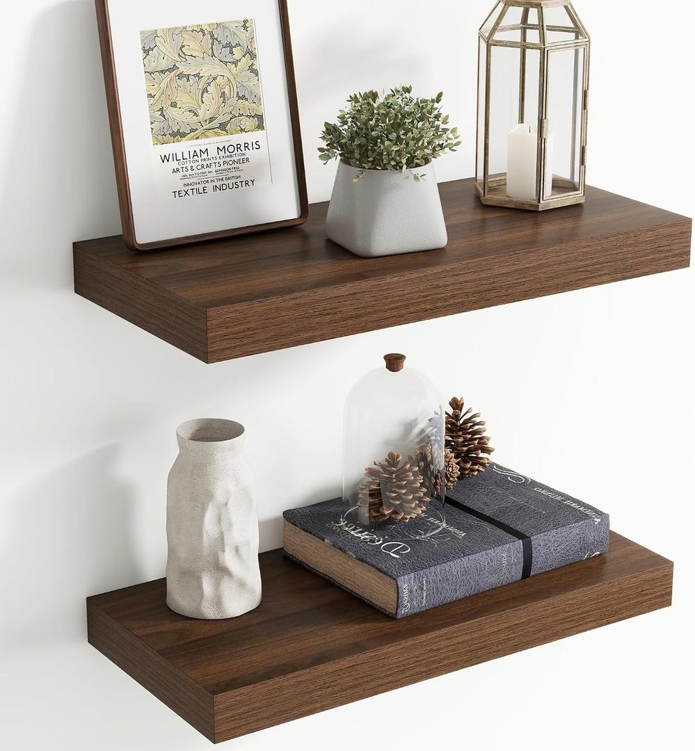 20 Inch Floating Shelves for Wall, 8 Inch Deep Floating Shelf for Storage & Display, Rustic Wall Mounted Shelf with Invisible Brackets for Living Room, Kitchen, Bathroom, Home Decor, Set of 2, Walnut