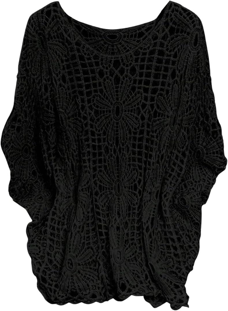 MakeMeChic Women's Plus Size Boho Tops Crochet Sweater Dolman Sleeve Beach Cover Up (Black, XXXL)