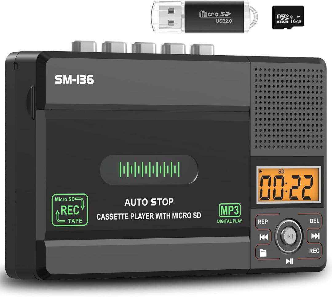SEMIER Small Cassette Tape Player, USB C or SD Card Audio Cassette to MP3 Digital Converter, Record to Cassette/Computer/SD Card via Mic, Loud Speaker, Headphone Jack, 16GB SD Card for Type I Tapes