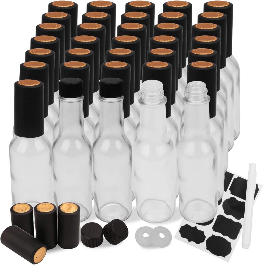 35 Pack 5oz Hot Sauce Bottles with Lids,Glass Woozy Bottles with Dripper Inserts and Shrink Capsules,Small Glass Wine Bottle for Homemade Sauces,Oils,Vanilla Extracts,Dressings,Gifting (Black)