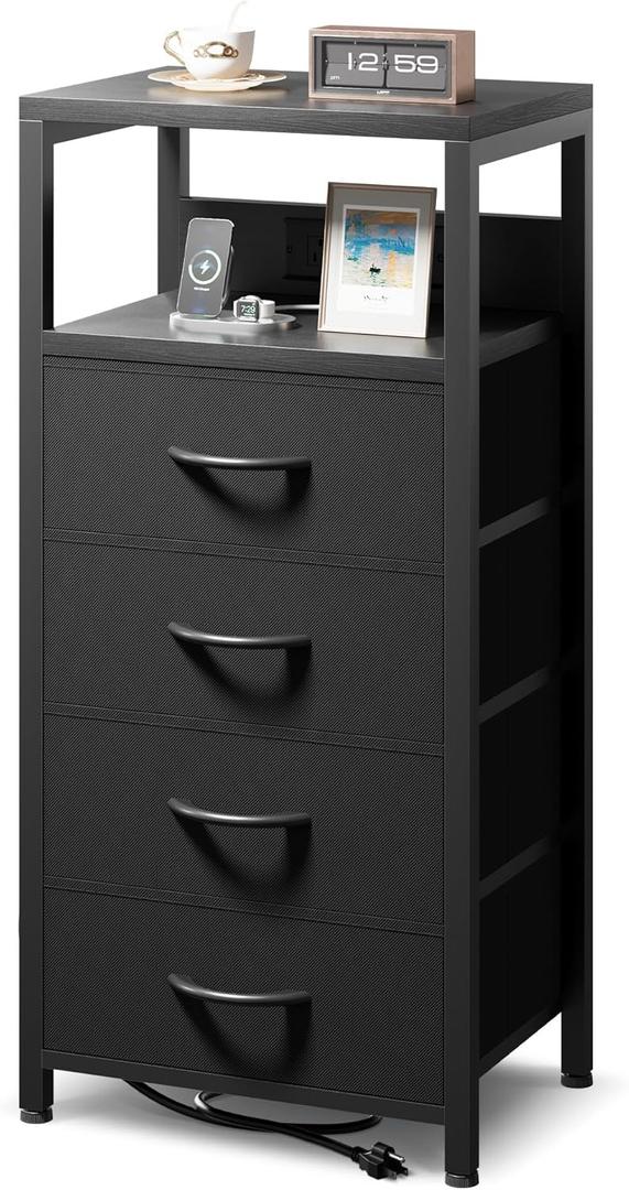 NightStand Bedside Charging Table Bedroom - Black Night Stand with Charger Station, Modern Bed Side End Table with Open Shelf & 4 Fabric Drawers, USB-C USB Ports & AC Outlets for Dorm Living Room NightStand Bedside Charging Table Bedroom - Black Night Stand with Charger Station, Modern Bed Side End Table with Open Shelf & 4 Fabric Drawers, USB-C USB Ports & AC Outlets for Dorm Living Room