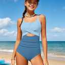 TyeSmo Girls Swimsuit Teen Swimsuits for Girls 16-18 One Piece Cutout Ruched Teen Bathing Suits for Girl 16-18 Cute V-Neck Adjustable Straps Padded Swimwear Baby Blue