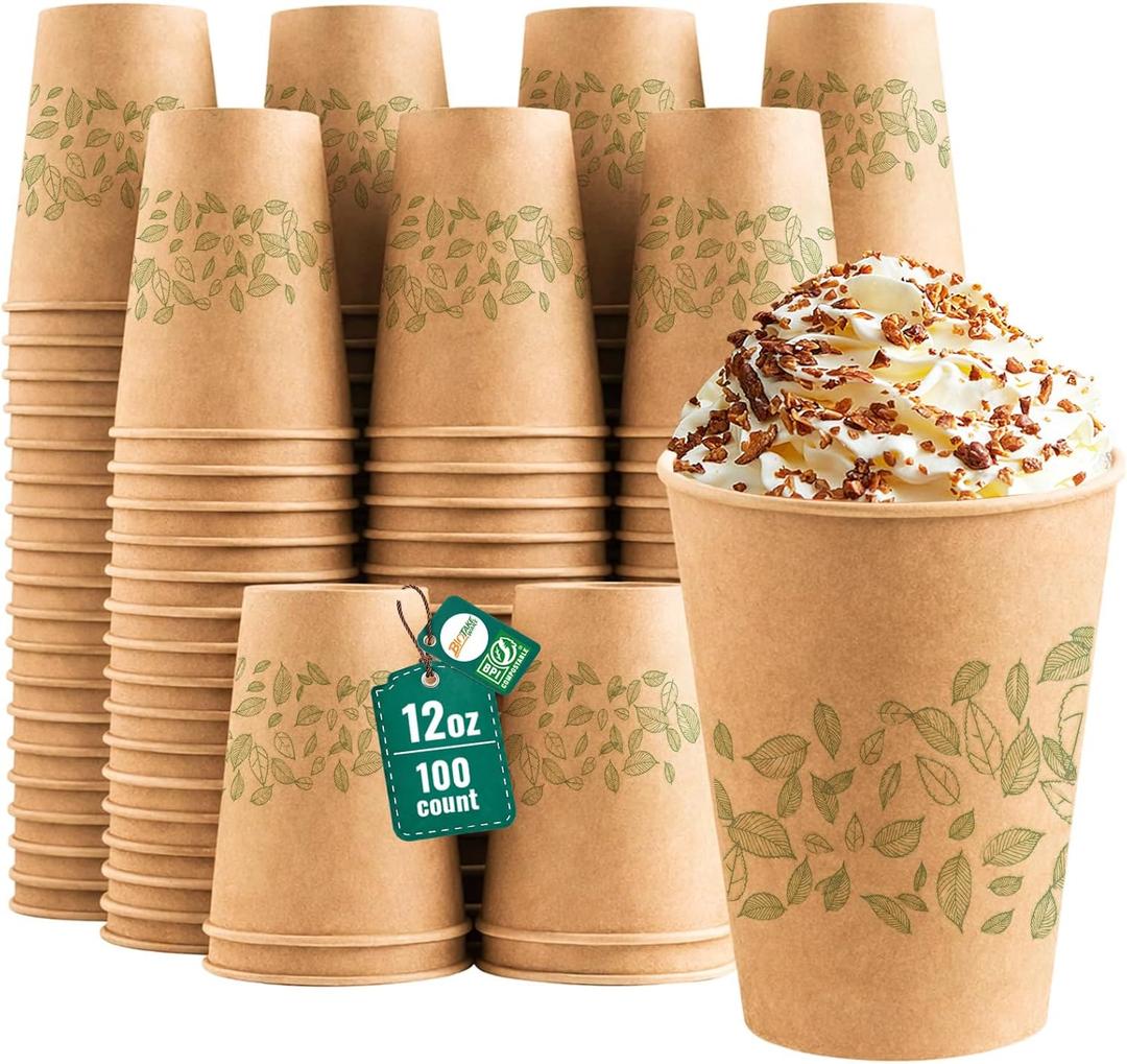 12oz 100 Count Compostable Paper Cups, BPI Certified Plant-Based Biodegradable Disposable Coffee Cups with PLA Lining, Perfect for Hot & Cold Drinks, Coffee, Party, Office & Daily Use