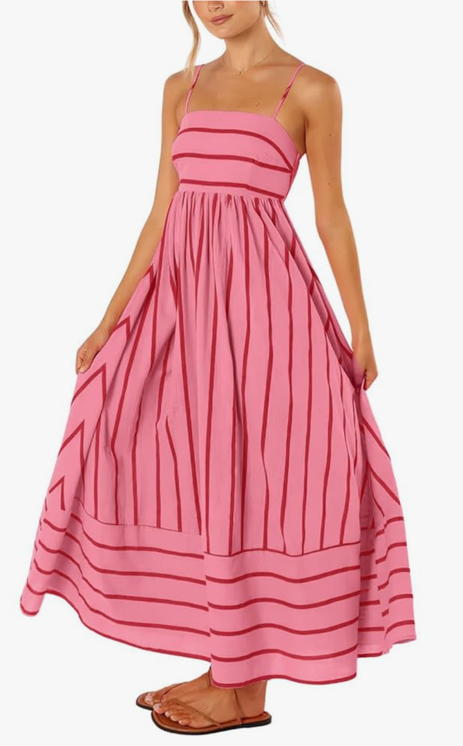 chouyatou Women's Striped Back Smocked Maxi Dress Sexy Spaghetti Strap Cut Out Flowy Swing Long Dress, size L