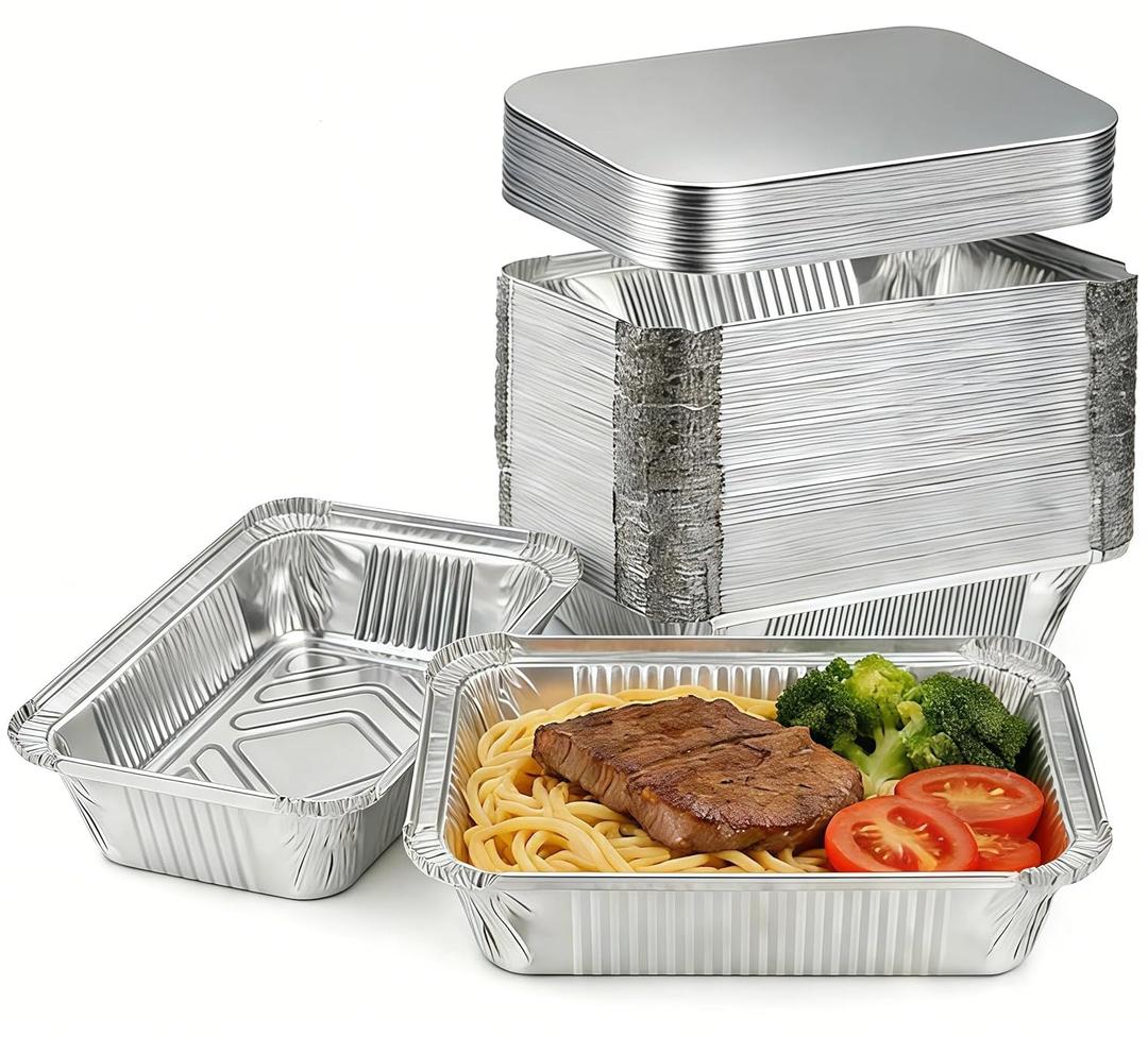 40 Pack 3 LB Aluminum Foil Pans with Lids Heavy Duty, 48 Ounce 8.7"×6.6"×2.4" Aluminum Food Containers with Lids, Disposable Tin Foil Pans for Baking, Meal Prep, Freezer, Heating and Takeout