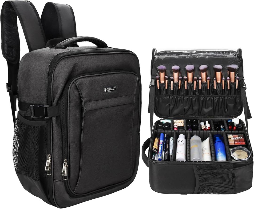 Relavel Makeup Backpack, Professional Travel Train Case Makeup Artist Kit Set Bag for Women Extra Large Cosmetic Organizer, Brush Storage Holder, with Adjustable High Dividers, Black