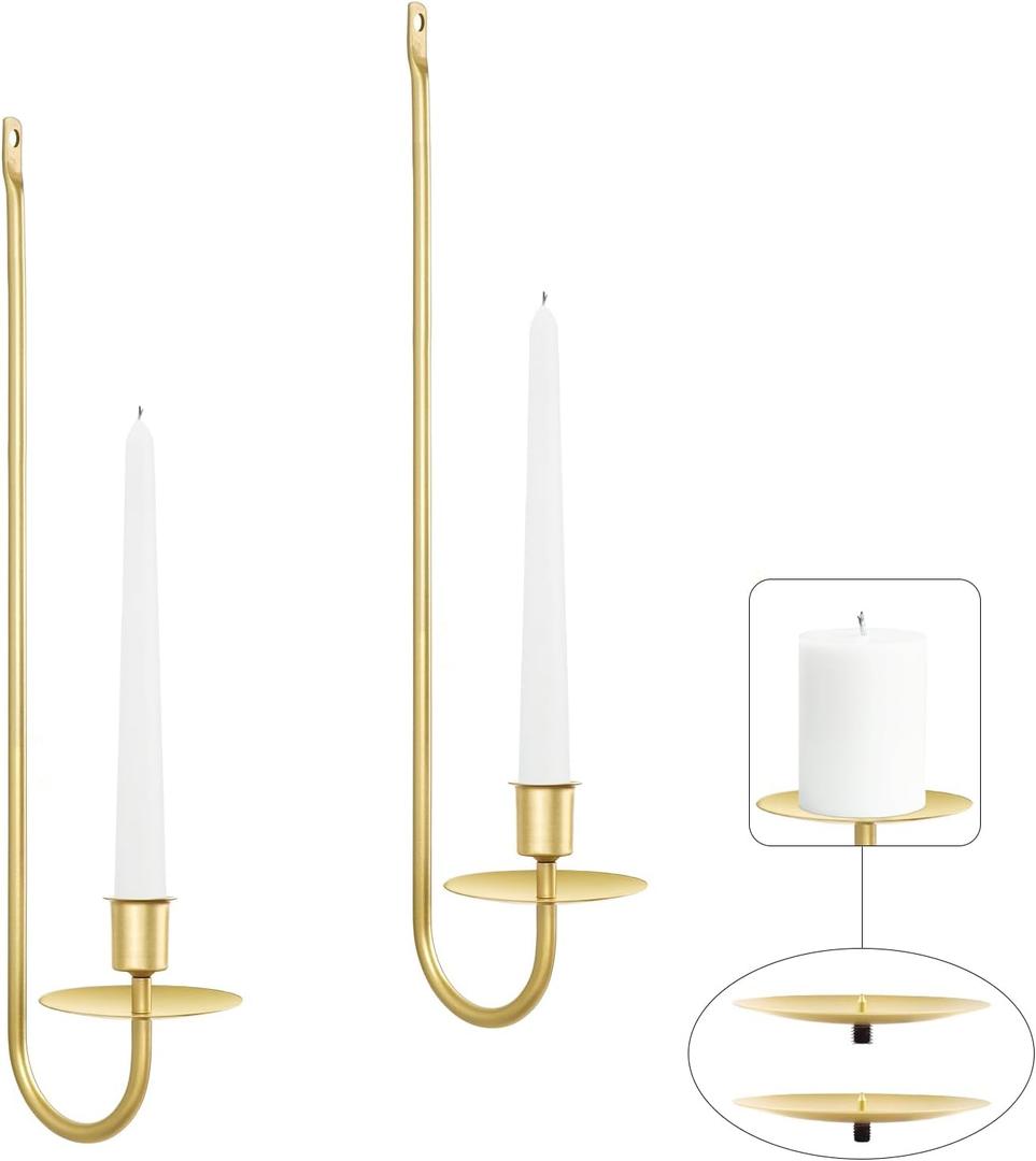 Gold Candle Sconces Set of 2, 13.2 Inch Taper & Pillar Wall Candle Holder, Wall Candle Sconces Set of Two, Decor for Entryway, Fireplace, Living Room, Gifts for Women Men