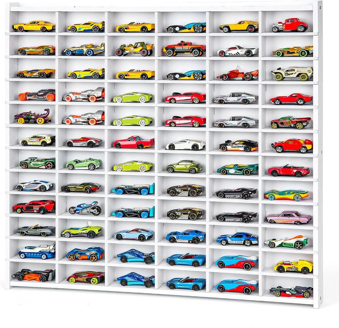 Toy Car Storage Display Case, 72 Slots Model Car Display Shelf for 1/64 Scale Toy Cars, Wall Mount Organizer Rack for Diecast Models (White)