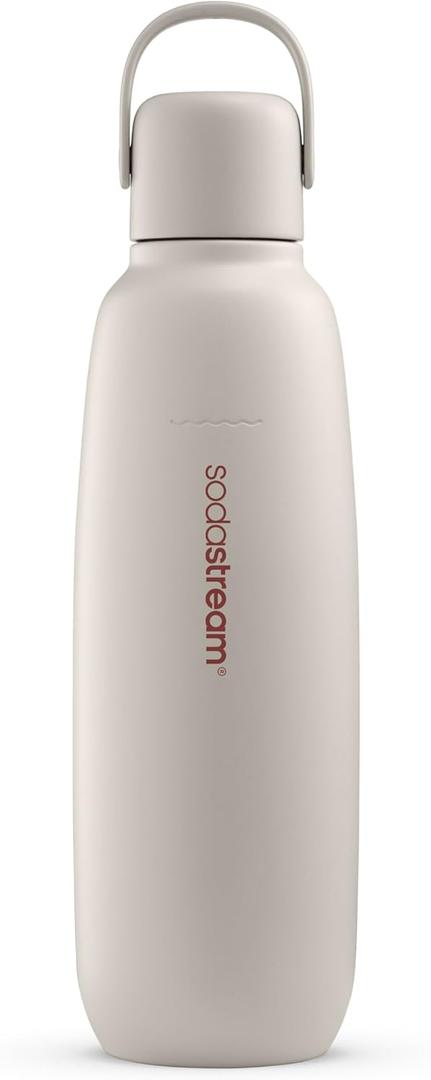 SodaStream - Fizz & Go Cool Bottle | Stainless Steel Carbonating Water Bottle | Keeps Drinks Cold 12 Hrs | Cupholder Friendly | Compatible with Pink CO2 cylinder machines | Sand color | 30.4 oz