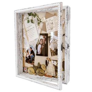 Hodeframe 13x16 Wedding Shadow Box Display Case with Door - Deep Depth Picture Frame for Wedding Bouquet Memorabilia Medals Photos - Large White Shadow Box Frame with Unique Design Beads
