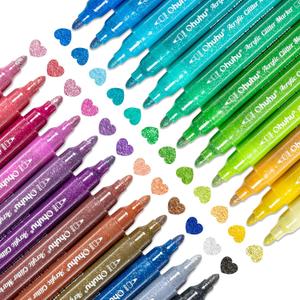 Ohuhu Acrylic Glitter Markers, 24 Metallic Glitter Colors, Fine Tip Paint Pens for Fine Details & Shimmer Accents, Water-Based & Quick Dry, for DIY Crafts, Cards, Journals, Wood & Rock, Medium Tip 3mm