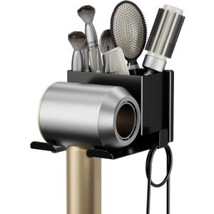 Hair Dryer Holder Wall Mounted, Hair Tools Organizer, Bathroom Space-Saving Blow Dryer Organizer Curling Irons Storage Hair Dryer Comb Attachments Black (Self-Adhesive and Drilling)