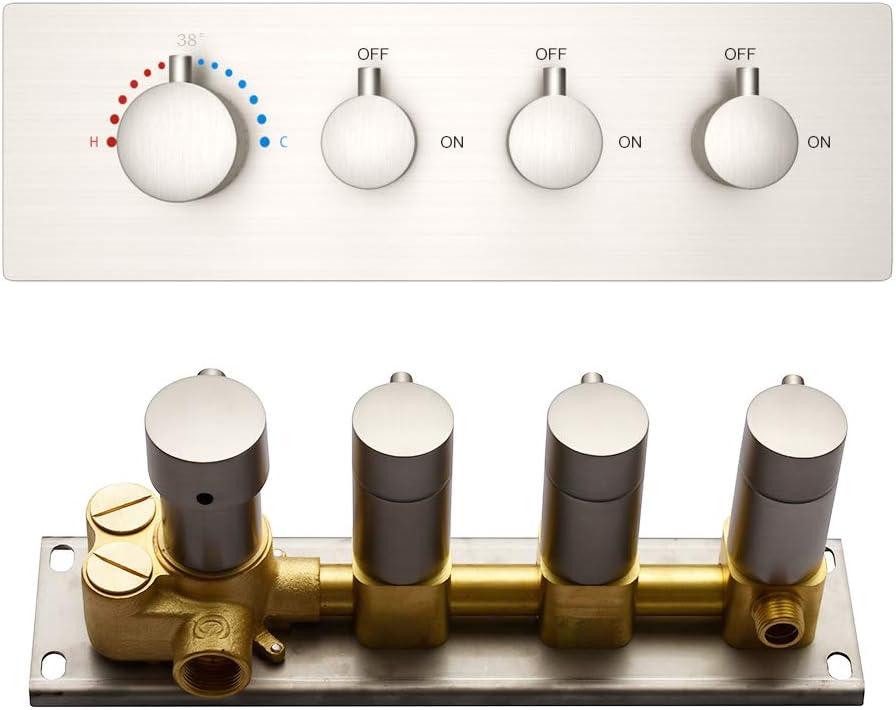 Thermostatic Shower Valve Concealed Mount, 3 Way Shower Mixing Valve Flow Can Control, Pressure Balancing, Brushed Nickel