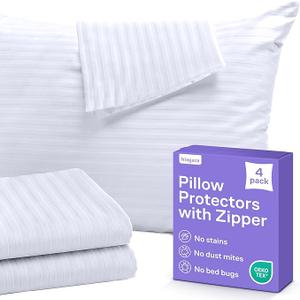 Set of 4 Pillow Protectors with Zipper Standard Size - 100% Resistant to Stains, Dust & Dirt - Washable Covers for Increased Pillow Lifespan