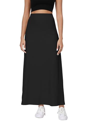 Elastic Waist A-Line Long Maxi Skirt Below Knee for Women(Size L,Black)