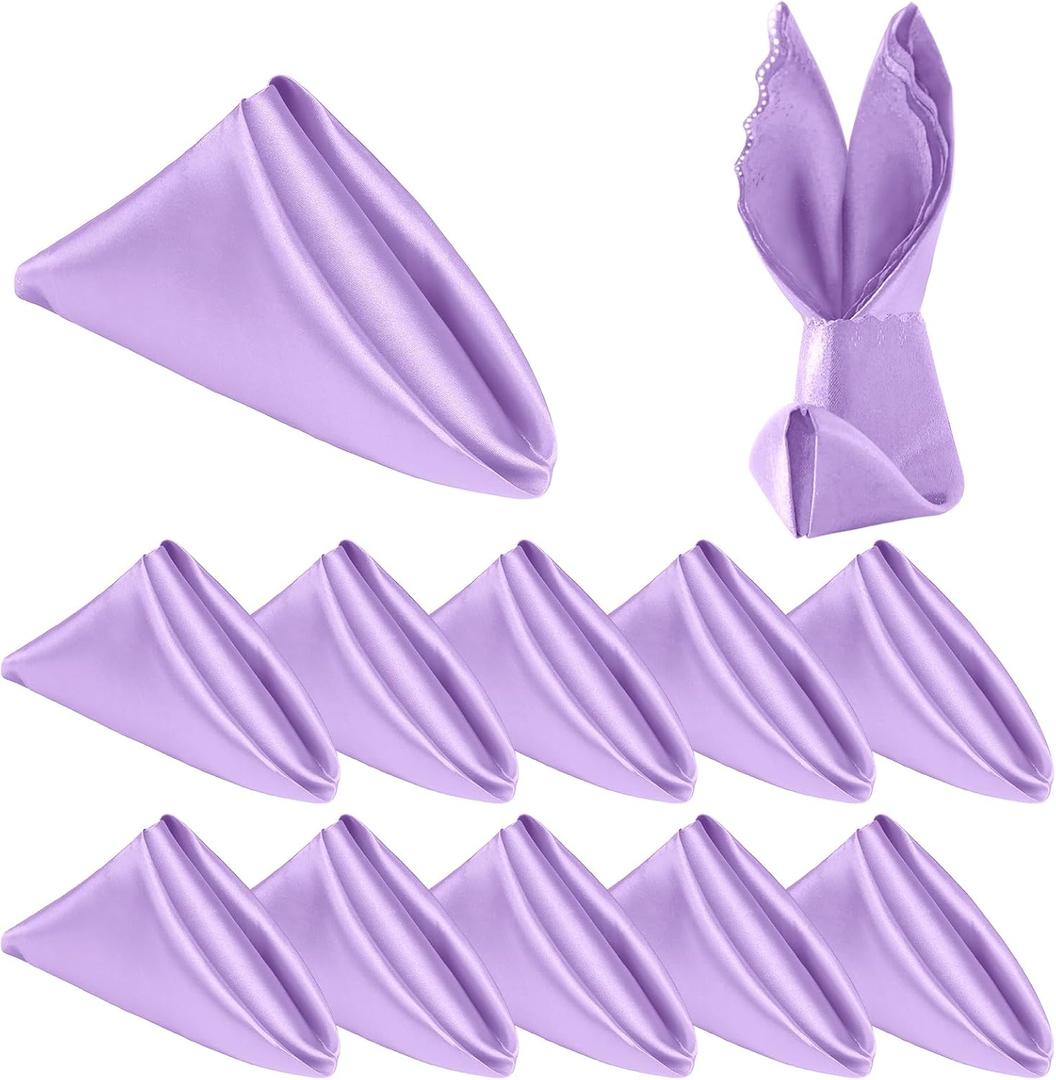 Homiest 12 Pack Light Purple Satin Dinner Napkins - 17x17 Inches, Scalloped, Silky Elegant Wedding & Party Napkins