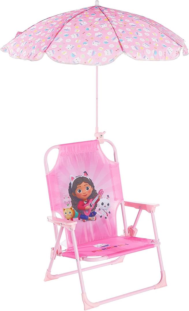 Gabbys Dollhouse Kids Folding Beach Chair with Umbrella, Outdoor Chair for Girls Ages 3+,Portable, Lightweight, UV Protection - Patio, Pool, Beach Travel Accessory