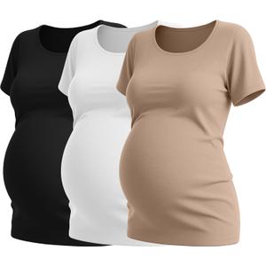Neer 3 Pack Women's Maternity Shirts Short Sleeve Pregnancy Tee Tops Soft Crew Neck Mama Clothes Basic Tunic Blouse (Large, Khaki, White, Black) XXL