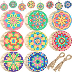 Blosssound 40 Pcs Unfinished Wood Mandala to Paint Wooden Mandala Painting Crafts Diwali Art Slices for Adult to Relax Painting DIY Crafts Ornament Wedding Home Decorations, 4 Inch(Classic)