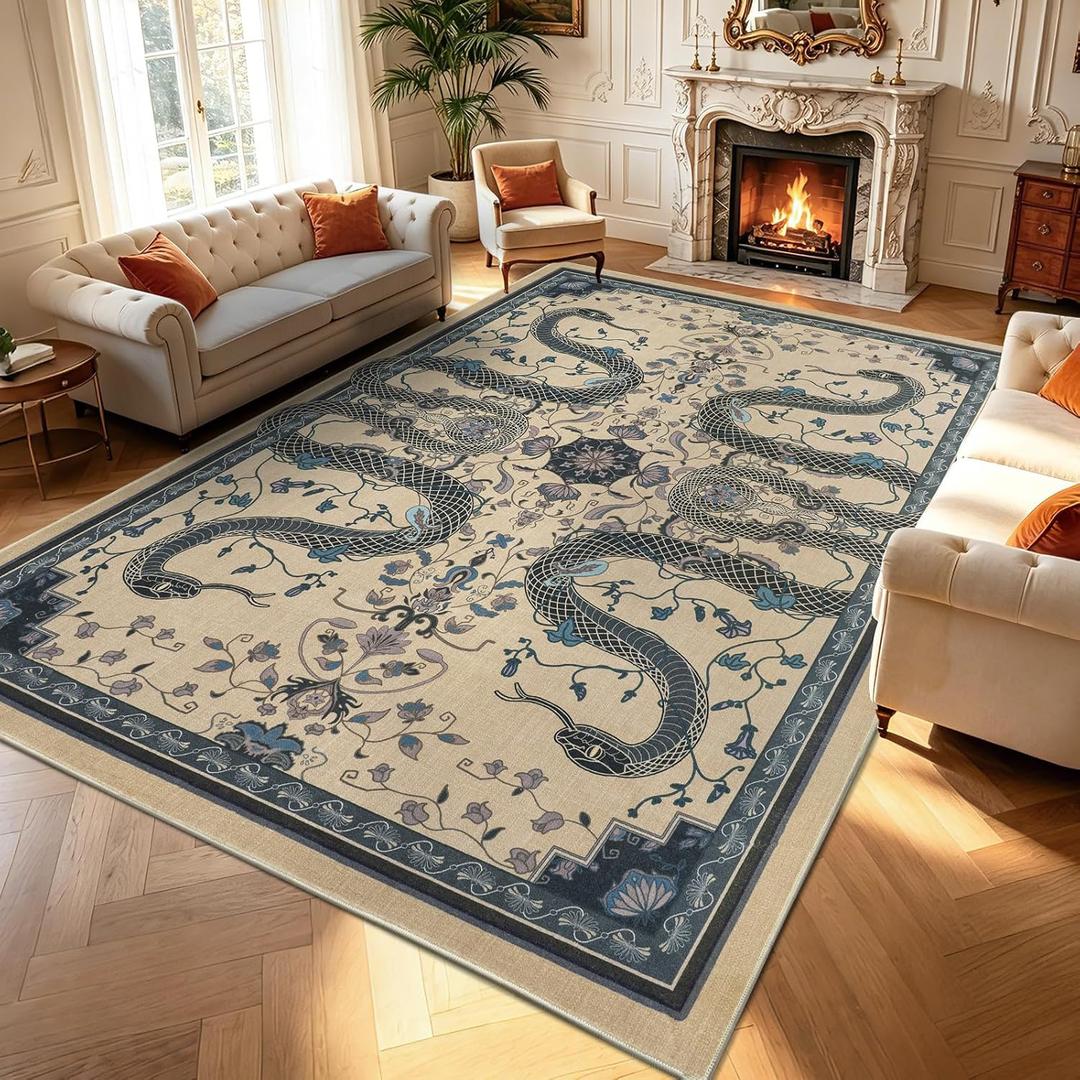 Dssimo Washable Snake Rug for Living Room, Non Slip 8x10 Area Rugs, Beige | Stain Resistant, Soft Low-Pile, Whimsical, Whimsy, Fun, Thin Large Carpet for Dining Room Home Office Playroom