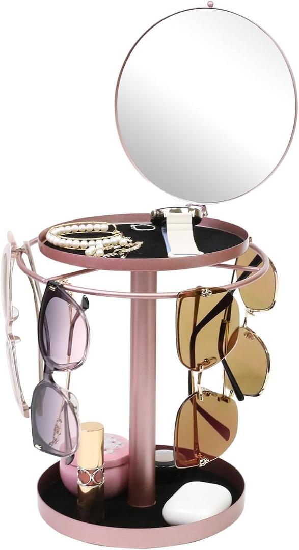 360 Rotating Sunglasses Organizer With Mirror, Metal Glasses Holder Stand, Sunglass Storage Display Eyewear Eyeglasses Rack with Tray for Desk Nightstand Dresser Table Countertop Bedroom, Rose Gold