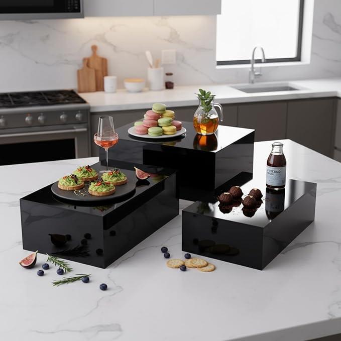 3 Pack Extra Large Acrylic Buffet Risers - 14”, 12”, 10” Gold Display Stands with Hollow Bottoms, Cube Riser Boxes Nesting for Dessert Food Catering Buffet Display Party Supplies