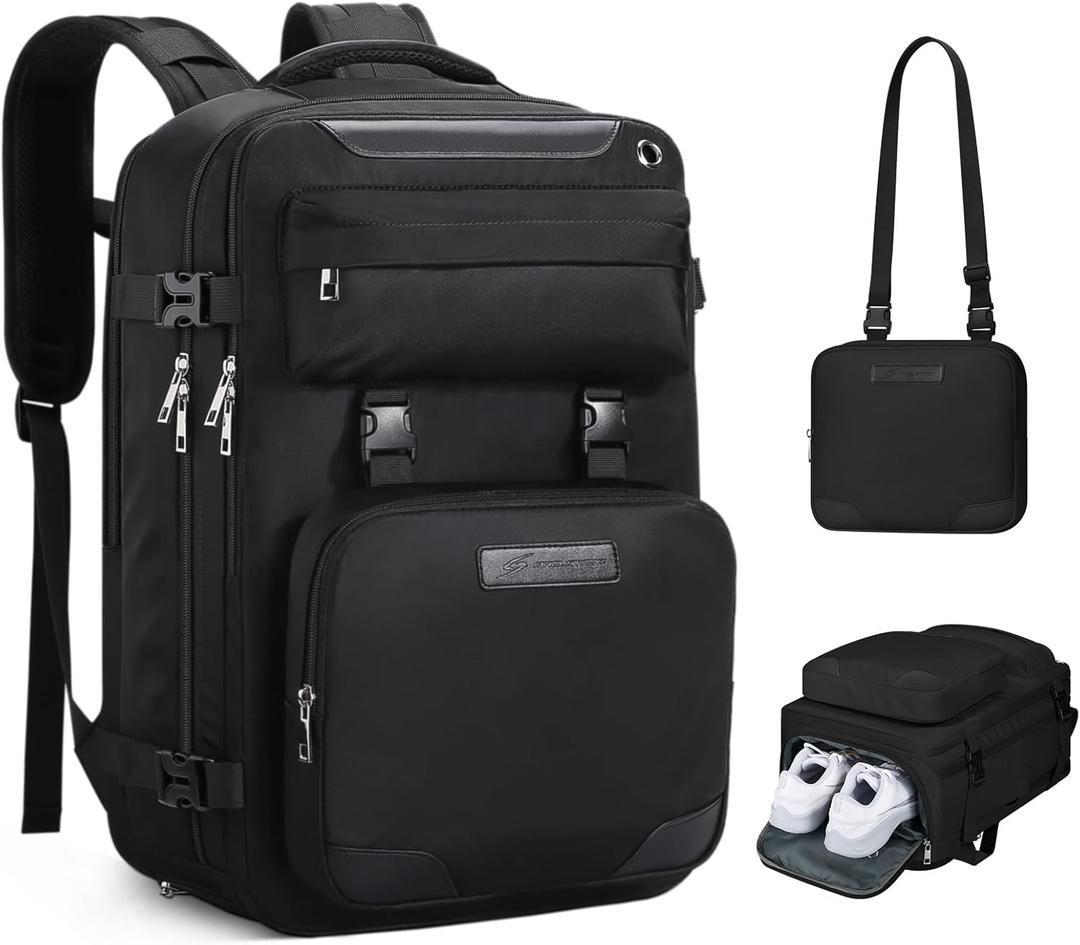 Maelstrom Travel Backpack for Women Men,35L Waterproof Laptop Backpack Fits 17-Inch Laptop, Gift for School Work Backpack with Detachable Crossbody Bag & Shoe Compartment (Black, Large-Upgrade)