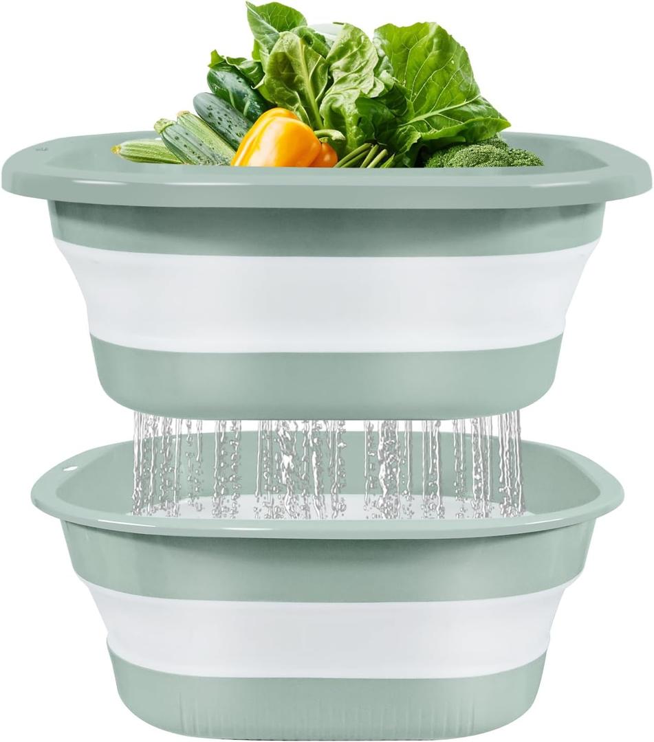Collapsible Colander and Sink Basin Set 8 QT - 2 Pack Set Collapsible Strainer with Collapsible Wash Basin for Kitchen, RV Camping, Foldable Fruit Vegetable Washing Basket, 8 QT, Blue